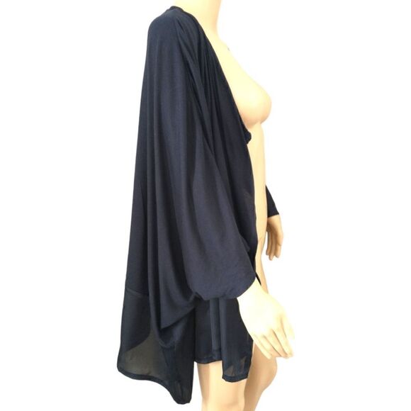 Natori Kimono L Navy Blue Cardigan Dolman Batwing Sleeve Satin Trim Sheer Flowy - Picture 4 of 16